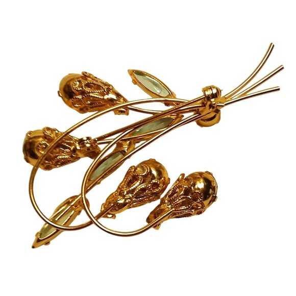 Vintage Gold Tone Floral Brooch Aqua Rhinestones & Enamel Detailing - Picture 3 of 7